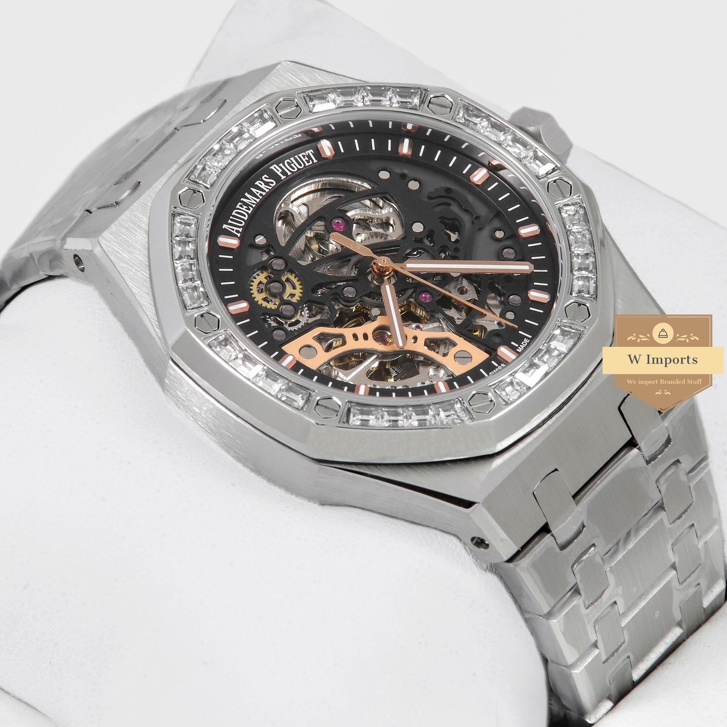 Latest Collection Silver With Black Skeleton Dial & Stone Bezel