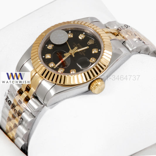 Latest Ladies Collection 31 Two Tone Yellow Golden With Black Dial Fluted Bezel & Stone Index Automatic Watch ZR Factory