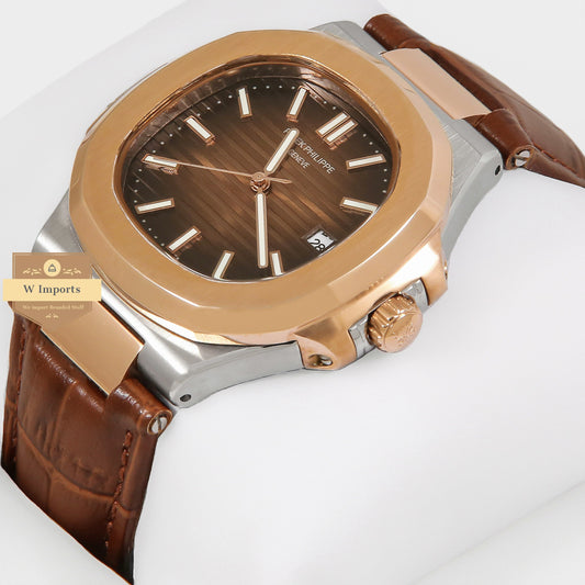 Latest Collection Rose Gold & Silver Case With Brown Dial & Leather Strap