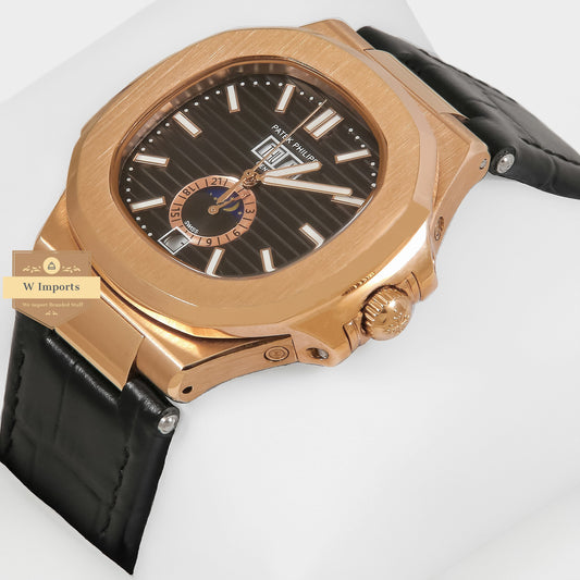 Latest Collection Annual Calender Moon Phase Rose Gold Case With Brown Dial & Black Leather Strap