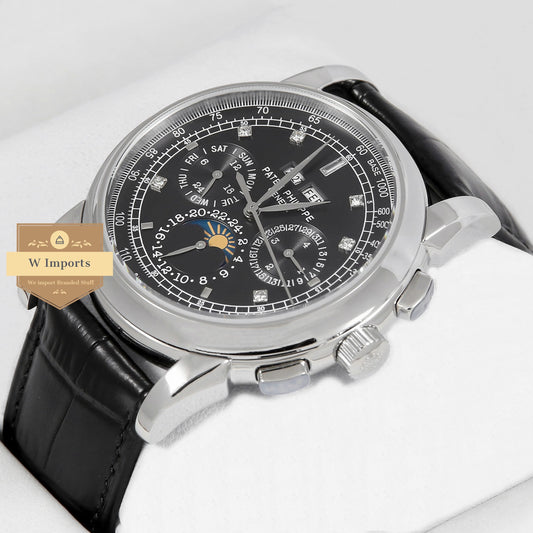 Latest Collection Chronograph Silver With Black Dial Stone Figure & Leather Strap