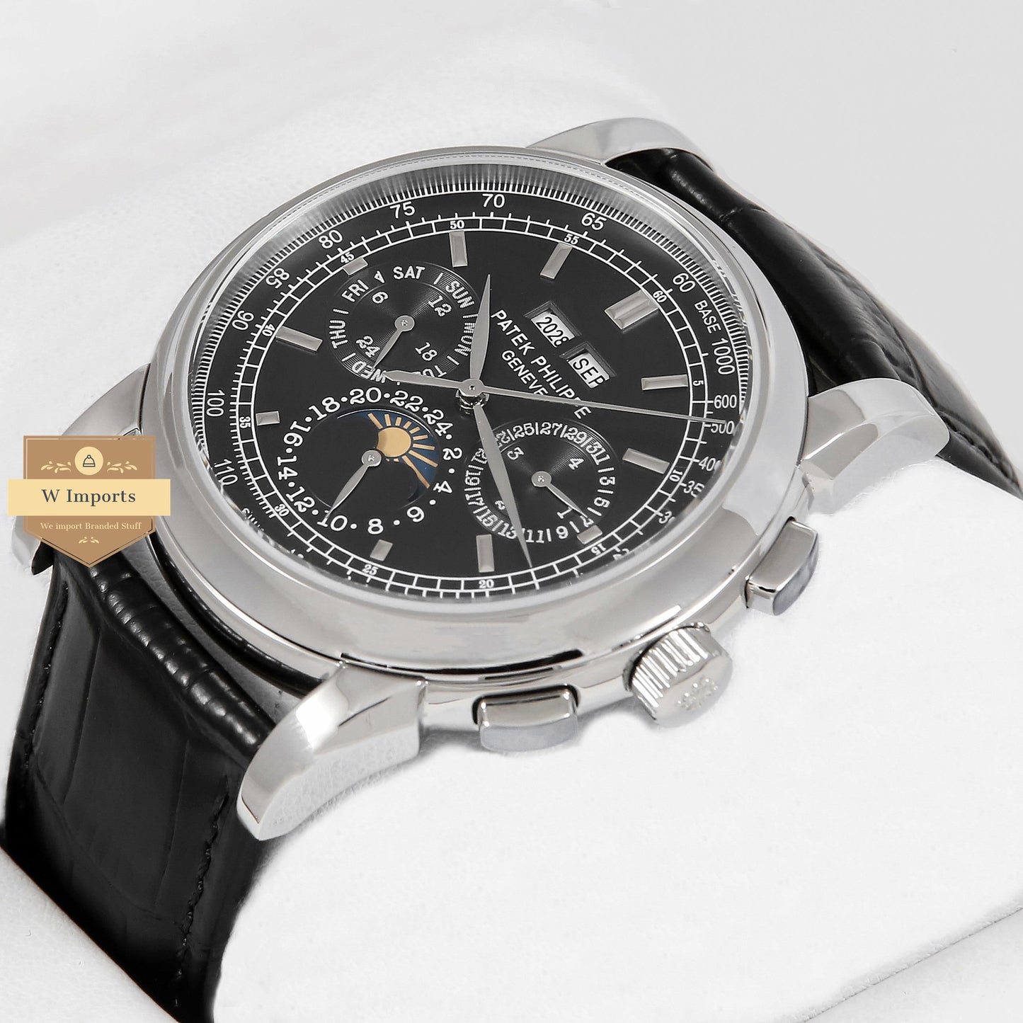 Latest Collection Chronograph Silver Case With Black Dial & Leather Strap