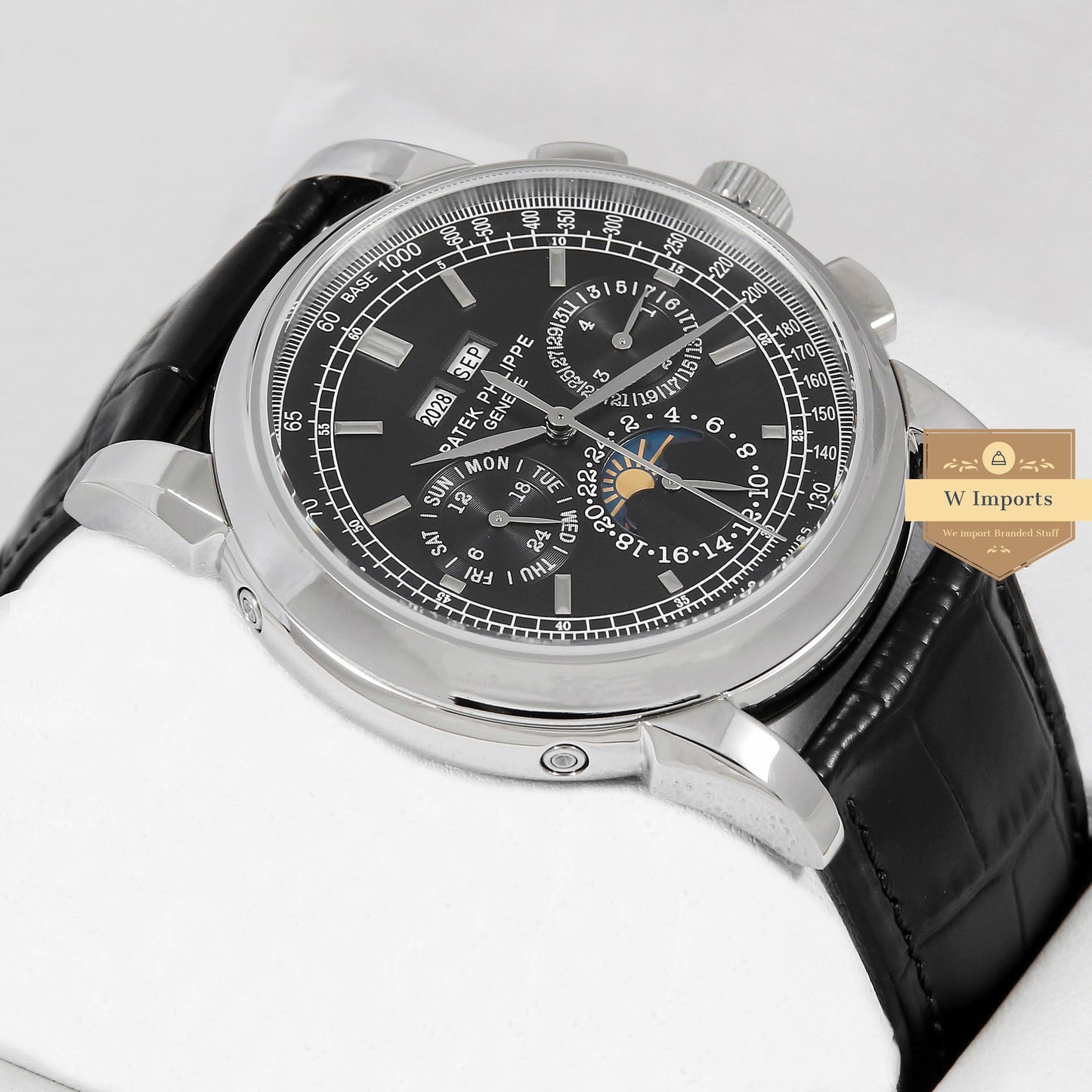 Latest Collection Chronograph Silver Case With Black Dial & Leather Strap