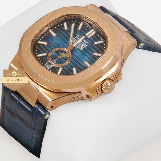 Latest Collection Annual Calender Moon Phase Rose Gold Case With Blue Dial & Leather Strap