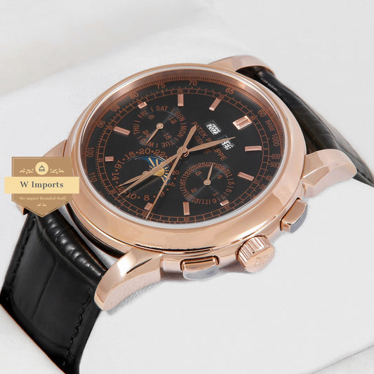 Latest Collection Chronograph Rose Gold With Black Dial & Leather Strap