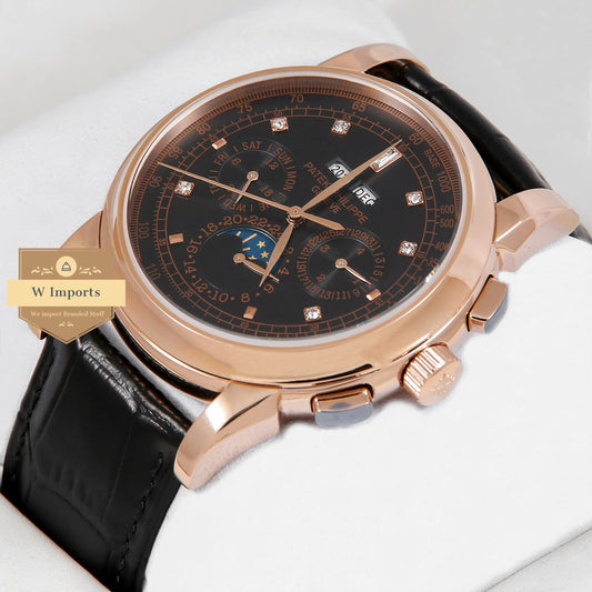 Latest Collection Chronograph Rose Gold Case With Black Dial Stone Figure & Leather Strap