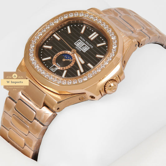 Latest Collection Annual Calendar Moon Phase Rose Gold With Black Dial Automatic Watch