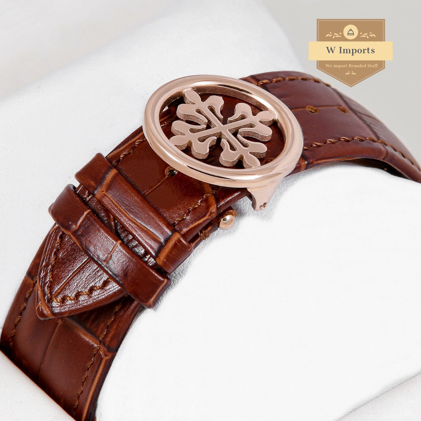 Latest Collection Chronograph Moon Phase Rose Gold Case & Dial Stone Figure With Brown Leather Strap