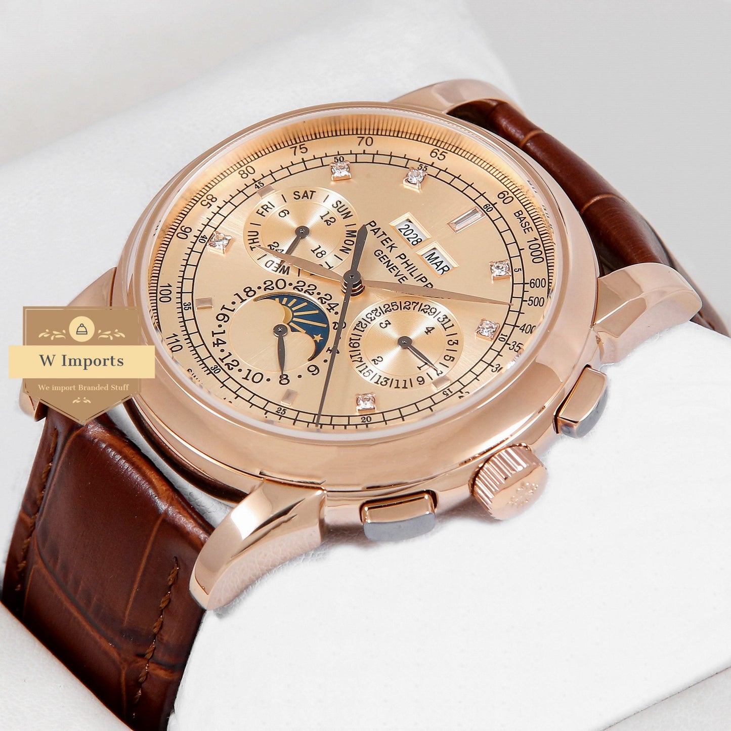 Latest Collection Chronograph Moon Phase Rose Gold Case & Dial Stone Figure With Brown Leather Strap