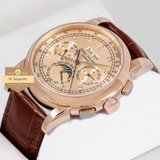 Latest Collection Chronograph Moon Phase Rose Gold Case & Dial Stone Figure With Brown Leather Strap