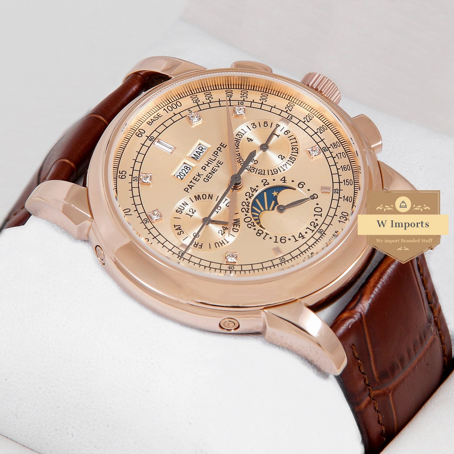 Latest Collection Chronograph Moon Phase Rose Gold Case & Dial Stone Figure With Brown Leather Strap