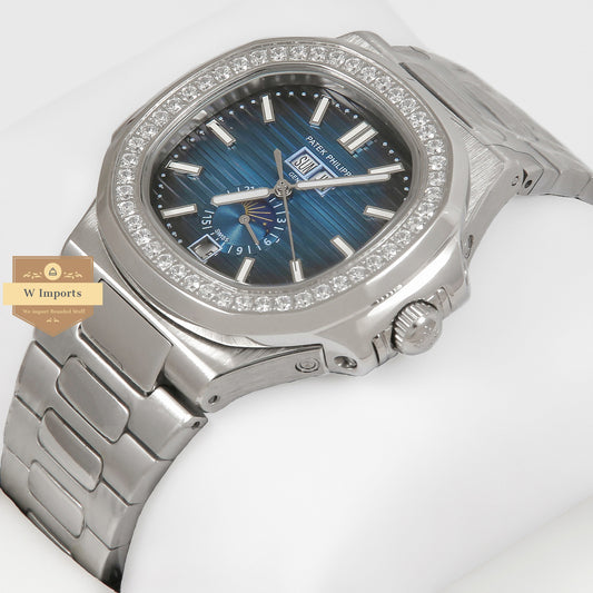 Latest Collection Annual Calendar Moon Phase Silver With Blue Dial Automatic Watch