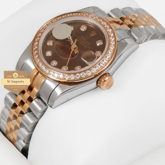 Latest Ladies Collection 31 Two Tone Rose Gold With Brown Dial Stone Bezel Automatic Watch ZR Factory