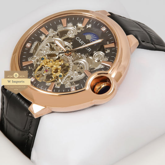 Latest Collection Ballon Bleu Moon Phase Rose Gold Case With Skeleton Dial & Leather Strap