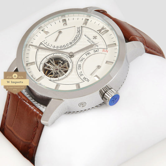Latest Collection Tour Billon Silver Case With White Dial & Brown Leather Strap