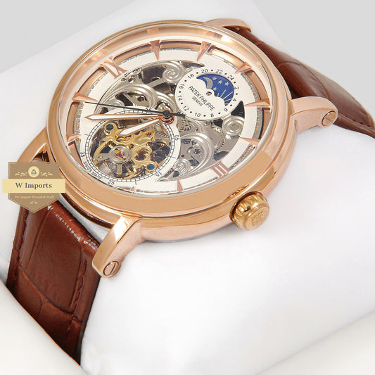 Latest Collection Tourbillon Moon phase Rose Gold Case With Skeleton Dial & Brown Leather Strap