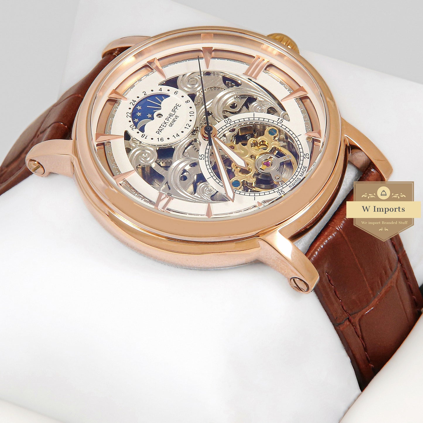 Latest Collection Tourbillon Moon phase Rose Gold Case With Skeleton Dial & Brown Leather Strap