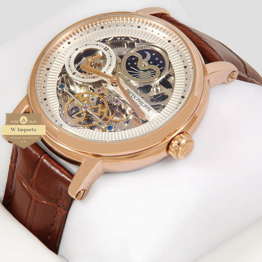 Latest Collection Tourbillon Moon phase Rose Gold Case With Skeleton Dial & Brown Leather Strap