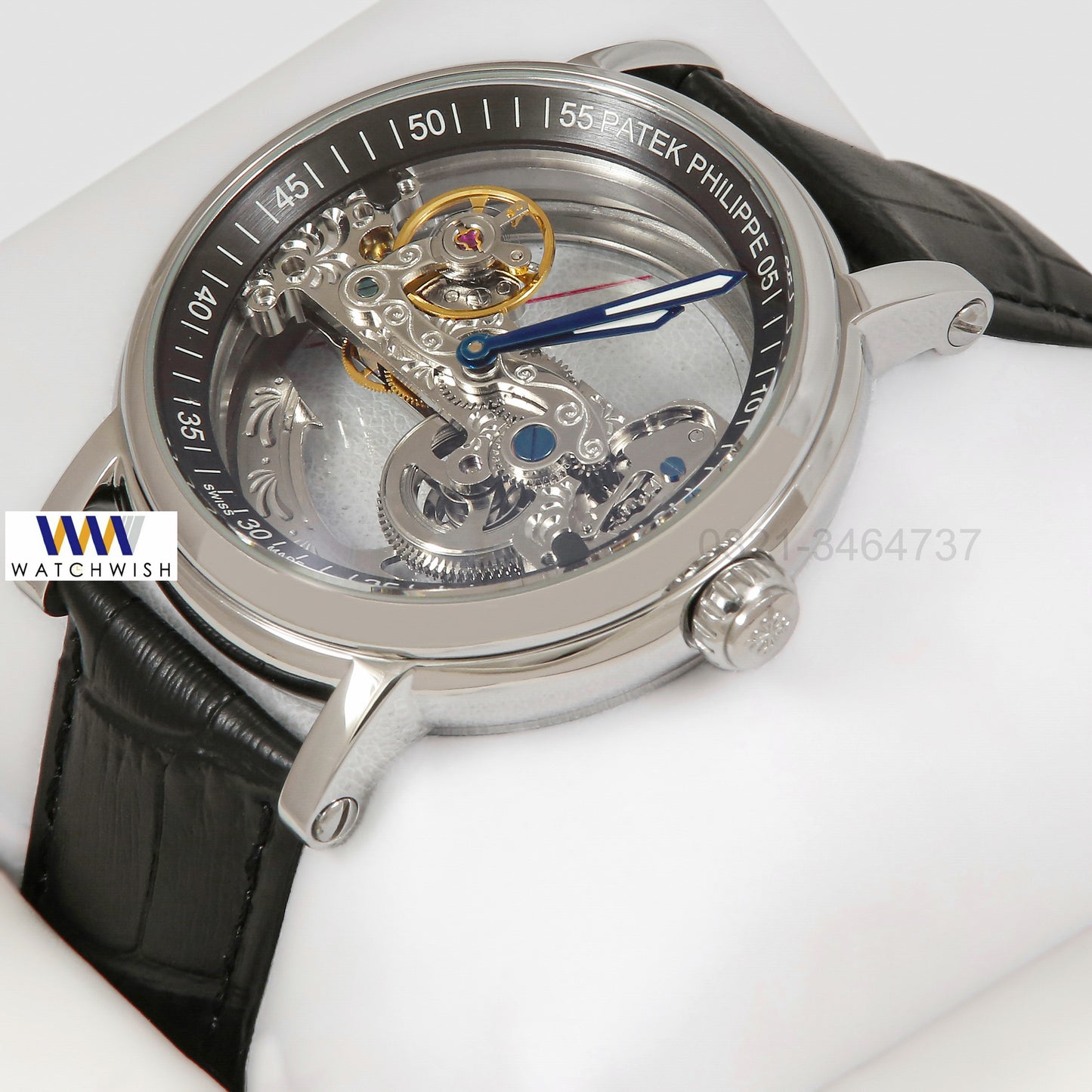 Latest Collection Transparent Skeleton Dial With Silver Case & Black Leather Strap