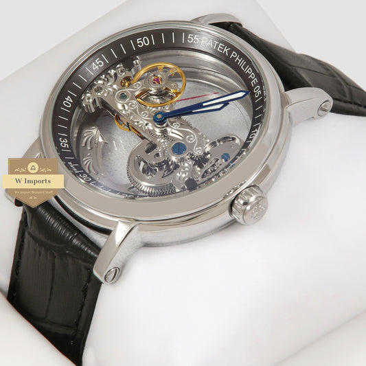 Latest Collection Transparent Skeleton Dial With Silver Case & Black Leather Strap For Men