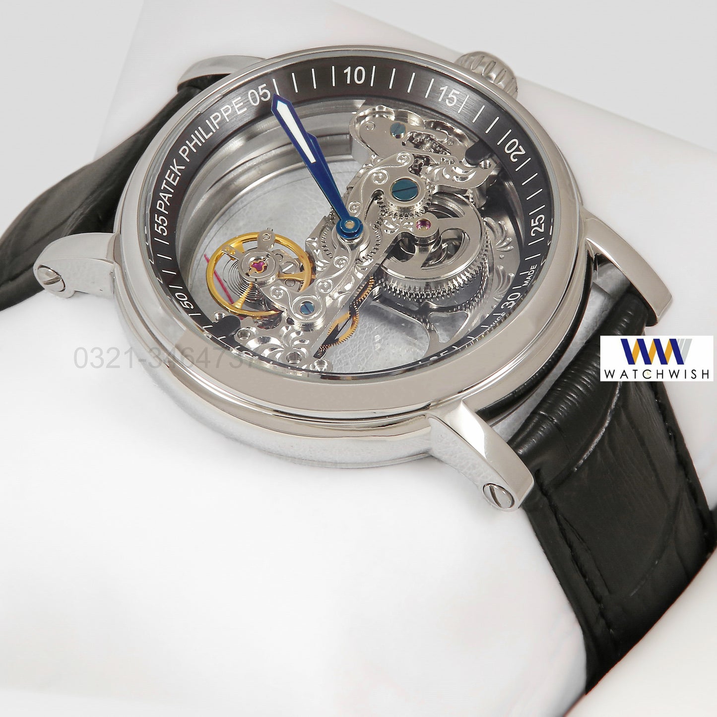 Latest Collection Transparent Skeleton Dial With Silver Case & Black Leather Strap