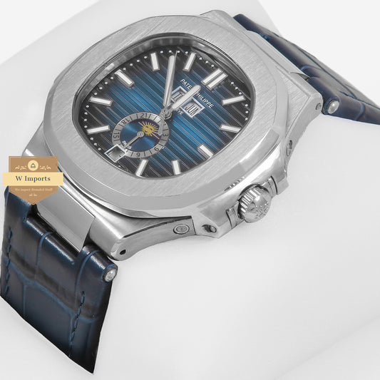 LATEST COLLECTION ANNUAL CALENDER MOON PHASE SILVER CASE WITH BLUE DIAL & LEATHER STRAP