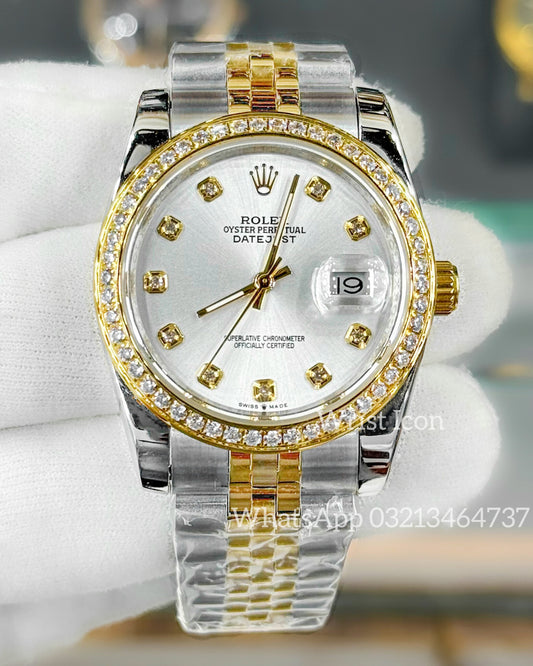 Latest Collection 36 Two Tone Yellow Gold With Silver  Dial Stone Bezel & Numeral Automatic Watch ZR Factory