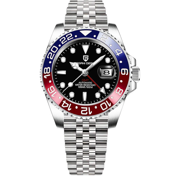Pagani Design Automatic Men's Watch 40mm | Pd-1662
A stainless steel wristwatch with a black dial, a red and blue bezel, and a matching metal link bracelet, shown on a plain white background.
