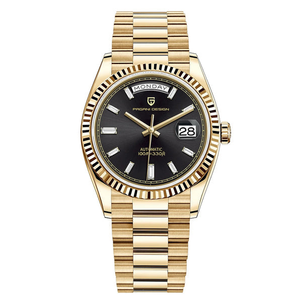 Pagani Design Men's Luxury Automatic 36mm | Pd-1752
Gold wristwatch with black dial on a white background