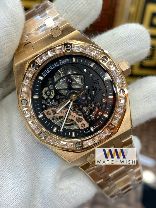 Exclusive Collection Rose Gold With Stone Bezel Black Skeleton Dial Automatic Watch For Men