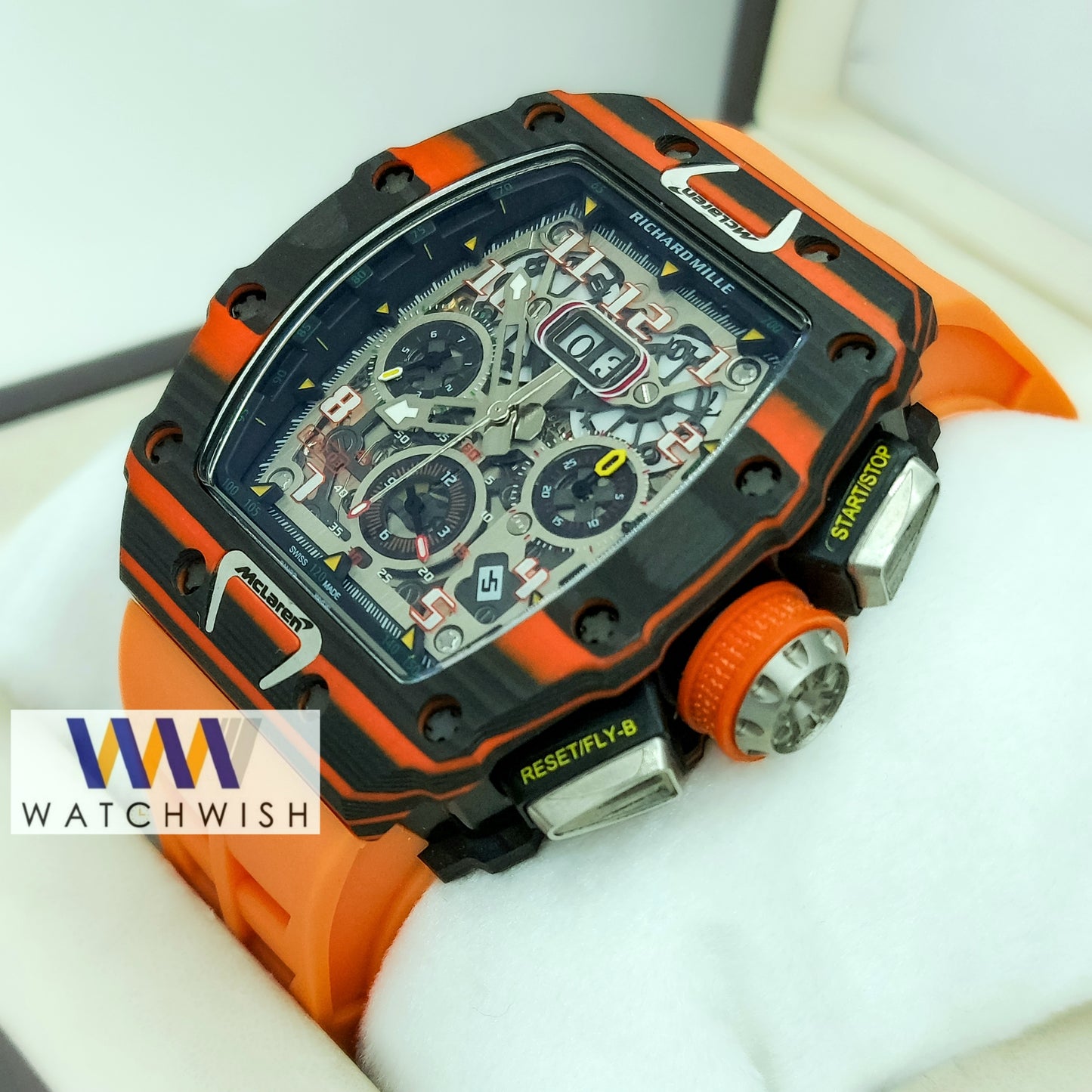 Exclusive Collection Two Tone Case With Skeleton Dial and Orange Rubber Strap Automatic Watch