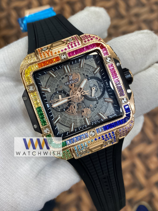 Exclusive Collection Rose Gold With Multi color Stone Skeleton Black Dial Branded Watch For Men