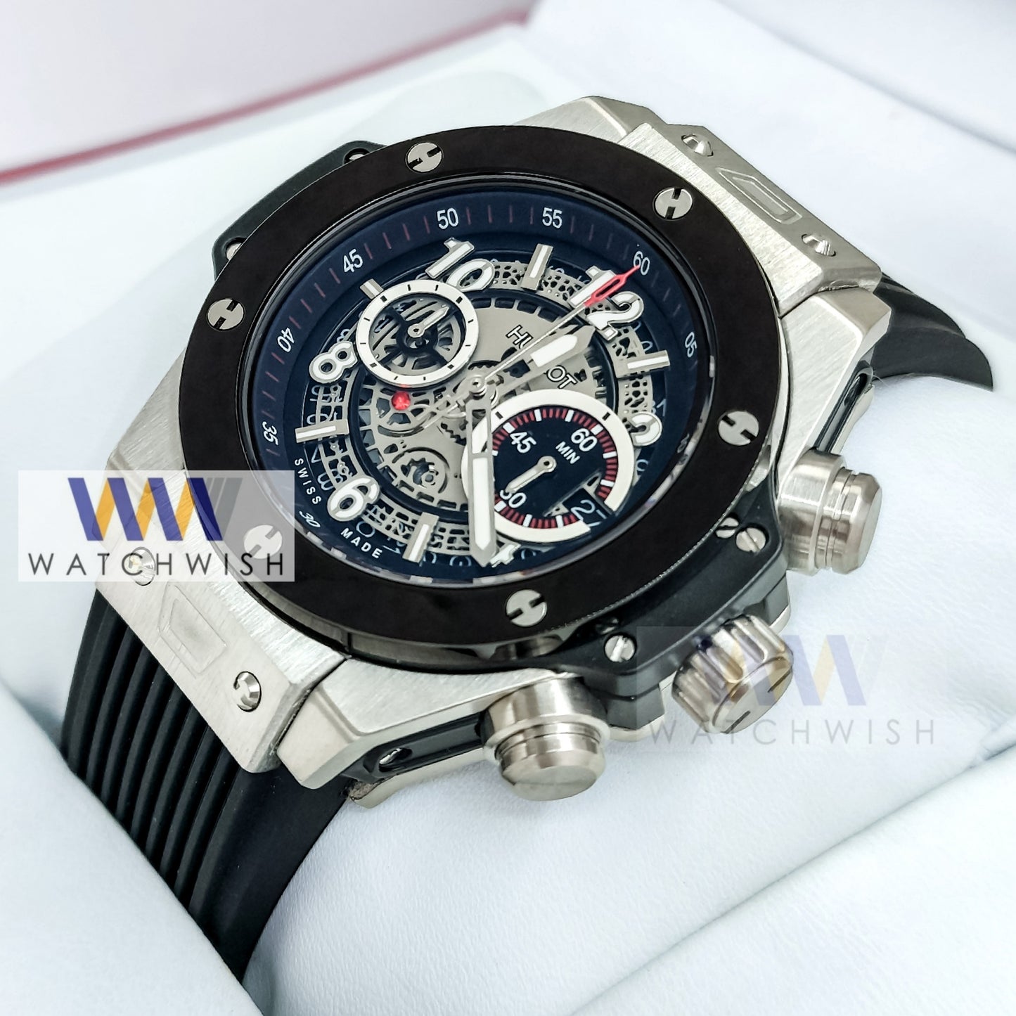New Collection Silver With Black Bezel Black  Skeleton Dial Chronograph Watch For Men
