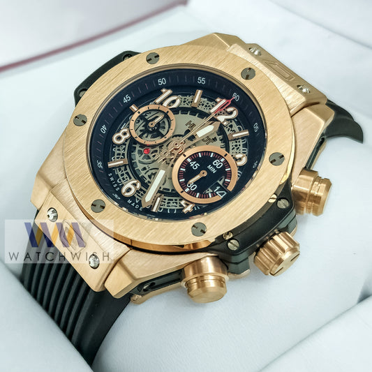 New Collection Rose Gold With Black  Skeleton Dial Chronograph Watch For Men