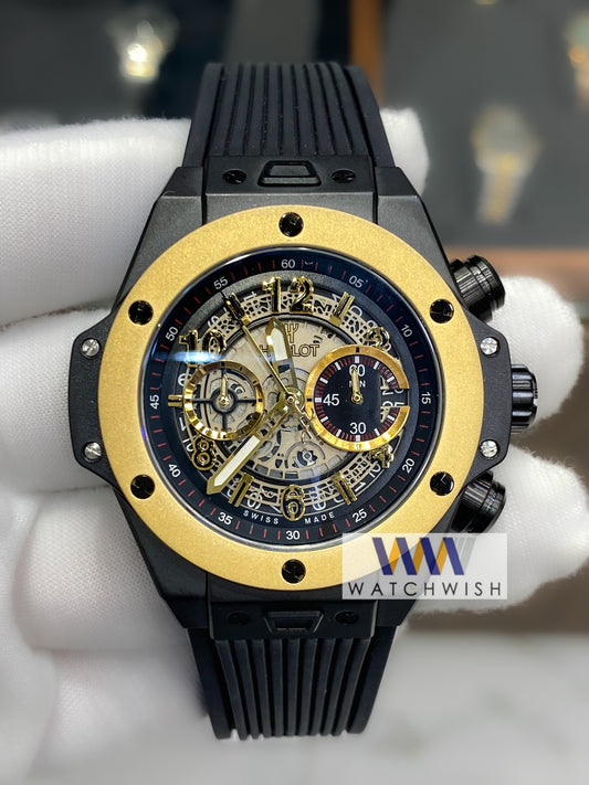 New Collection Black With Yellow Gold Bezel Black Dial Chronograph Watch For Men