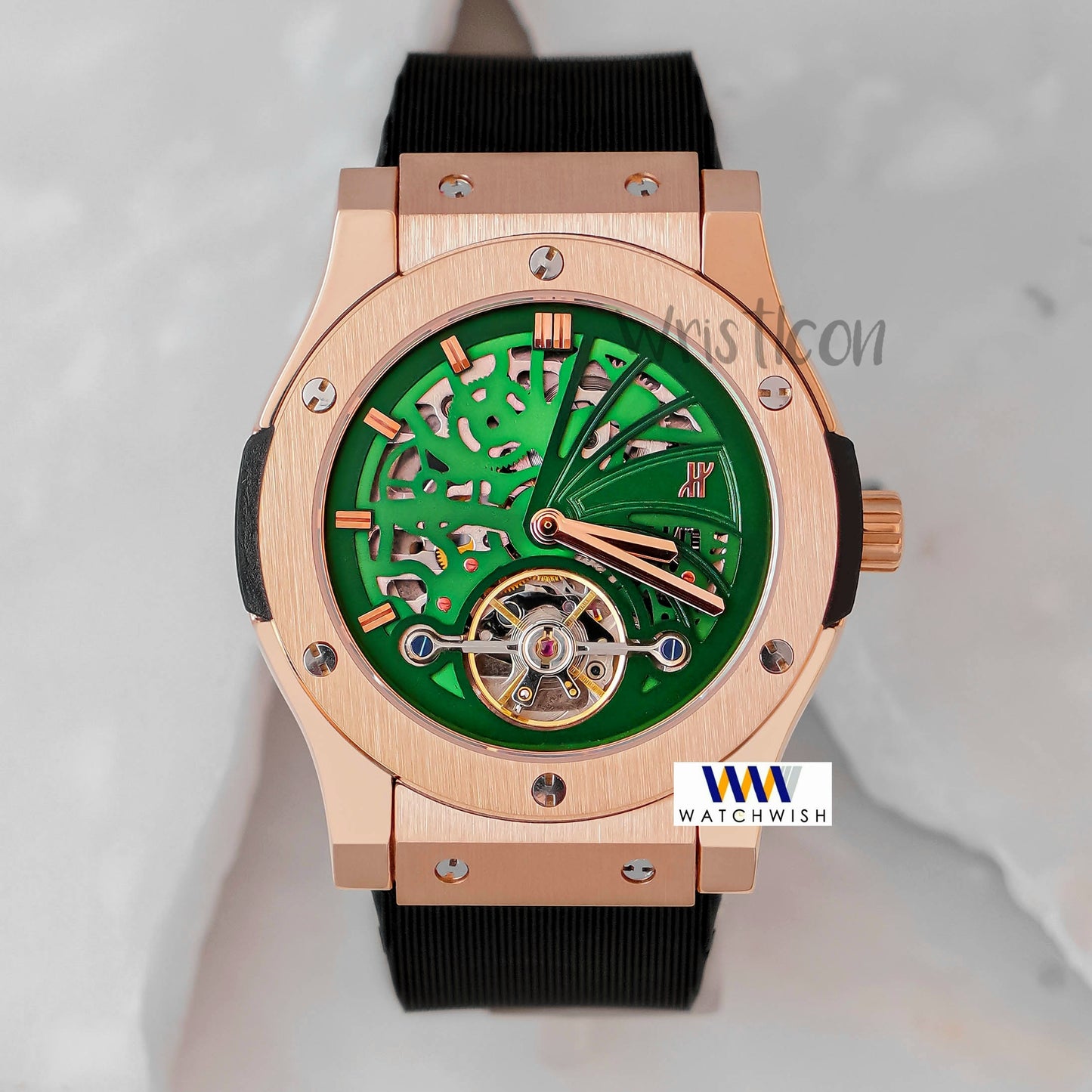 New Collection Rose Gold With Green Skeleton Dial Automatic Watch