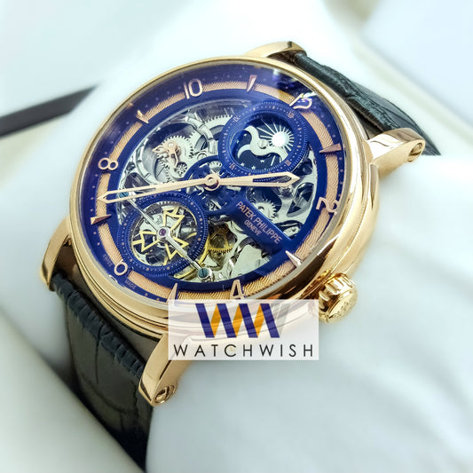 New Collection Rose Gold With Blue Skeleton Dial Automatic Watch