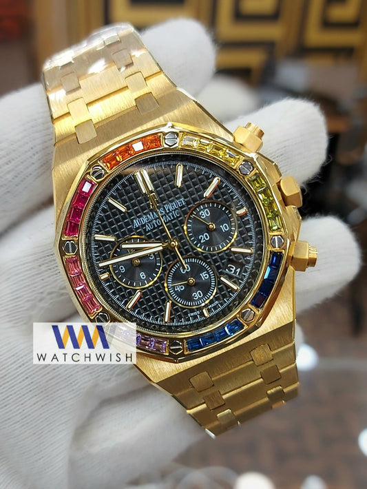 New Collection Yellow Gold With Black Dial Multi Stone Bezel Chronograph Watch