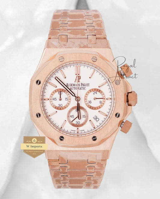 Latest Collection Chronograph Rose Gold With White Dial Chain Watch