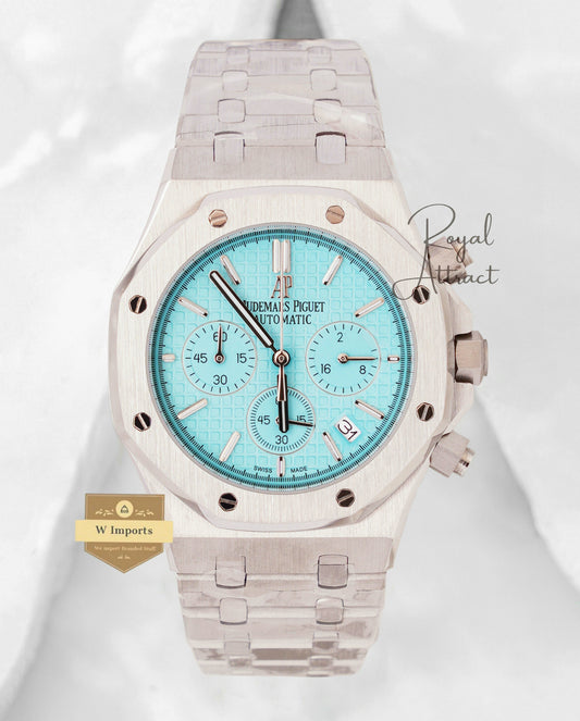 Latest Collection Chronograph Silver With Tiffany Blue Dial Chain Watch
