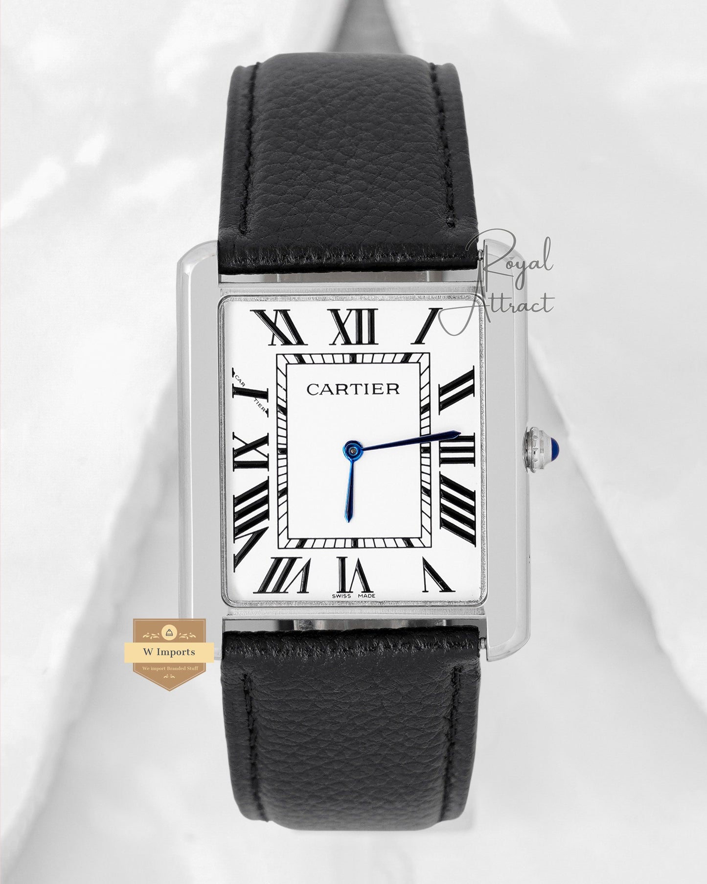 Silver Case With White Dial & Black Leather Strap Rectangular Watch for men