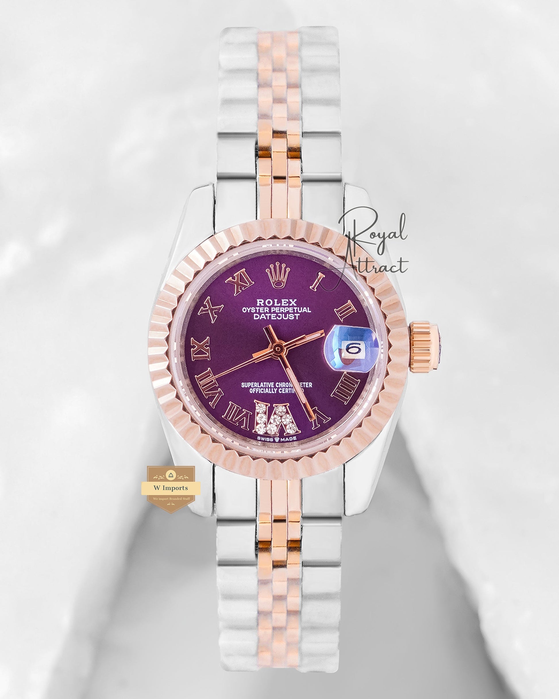 Latest Ladies Collection 28 Two Tone Rose Gold With Purple Dial Automatic Watch
