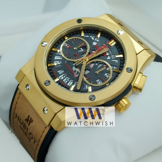 New Collection Yellow Gold Matt Case With Skeleton Dial Chronograph Branded Watch