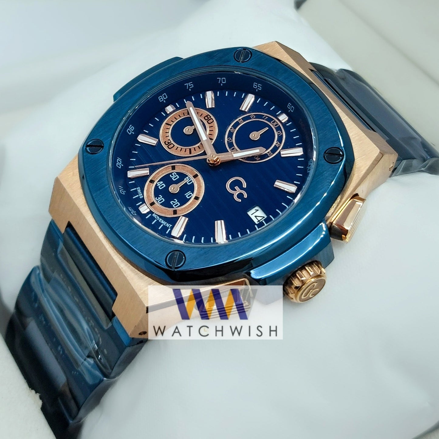 New Collection Rose Gold With Blue Dial Chronograph Watch