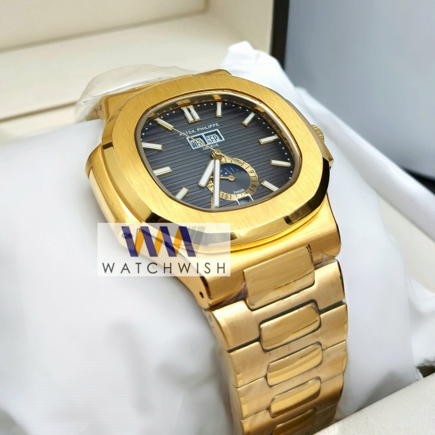 New Collection Yellow Gold With Grey Dial Moon Phase Automatic Watch