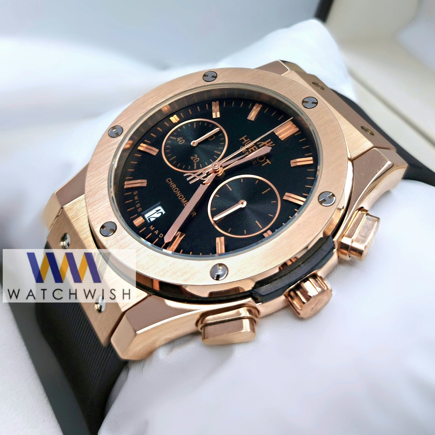 New Collection Rose Gold Case With Black Dial Chronograph Brand Watch