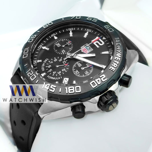 New Collection Silver With Black Dial Black Bezel Chronograph Watch