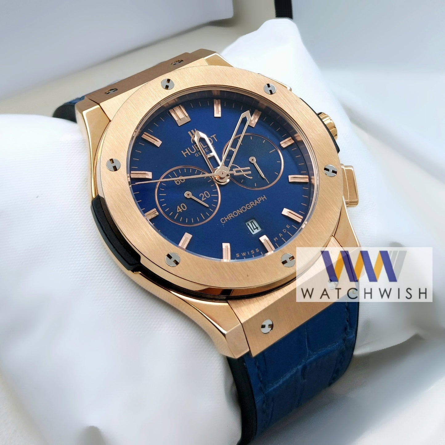 New Collection Rose Gold Case With Blue Dial Chronograph Brand Watch