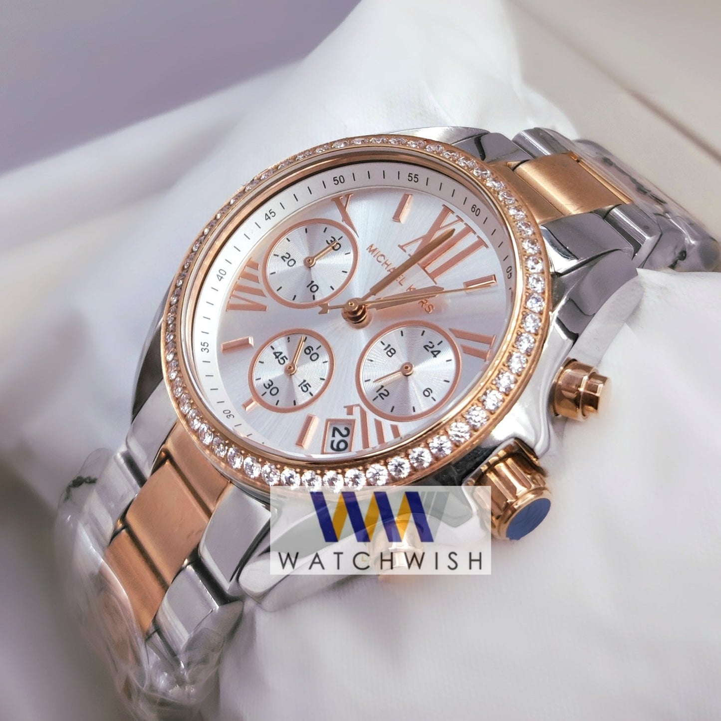 Ladies Collection Two Tone With Silvet Dial Stone Bezel Chronograph Watch