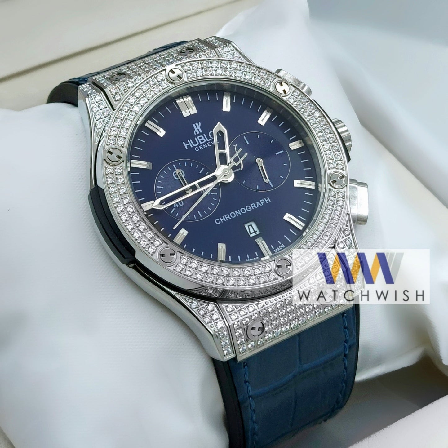 New Collection Silver Stone Case With Blue Dial Chronograph Brand Watch